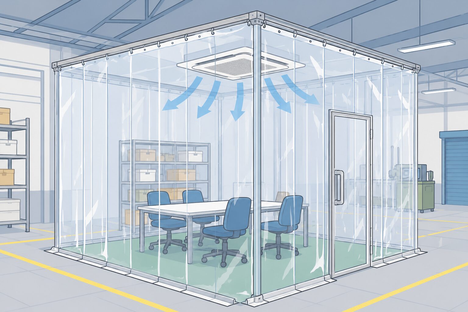空調効率改善のため作業エリアを区切る間仕切ブース